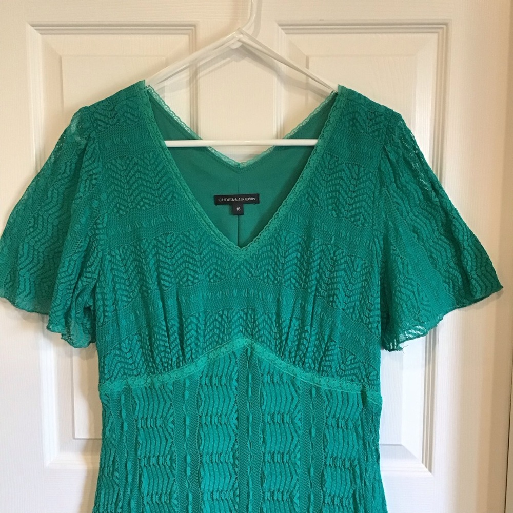 Chris McLaughlin green lace midi dress, size 16